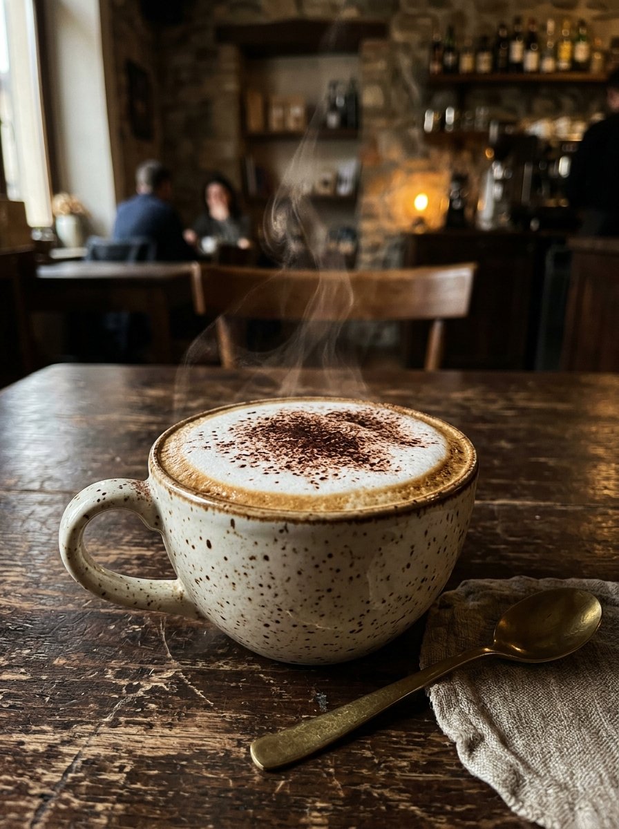 Cappuccino con espuma cremosa vaporizada y cacao espolvoreado