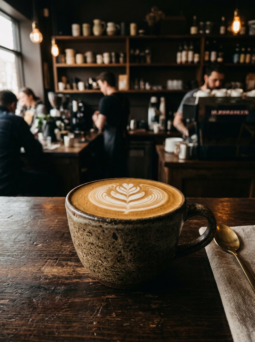 Café latte artesanal en taza de cerámica con arte latte
