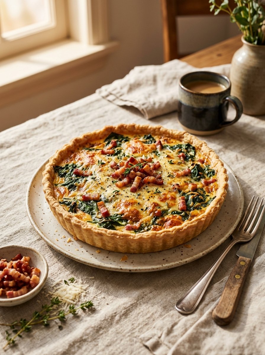 Tarta artesanal de espinacas tiernas con pancetta dorada crocante
