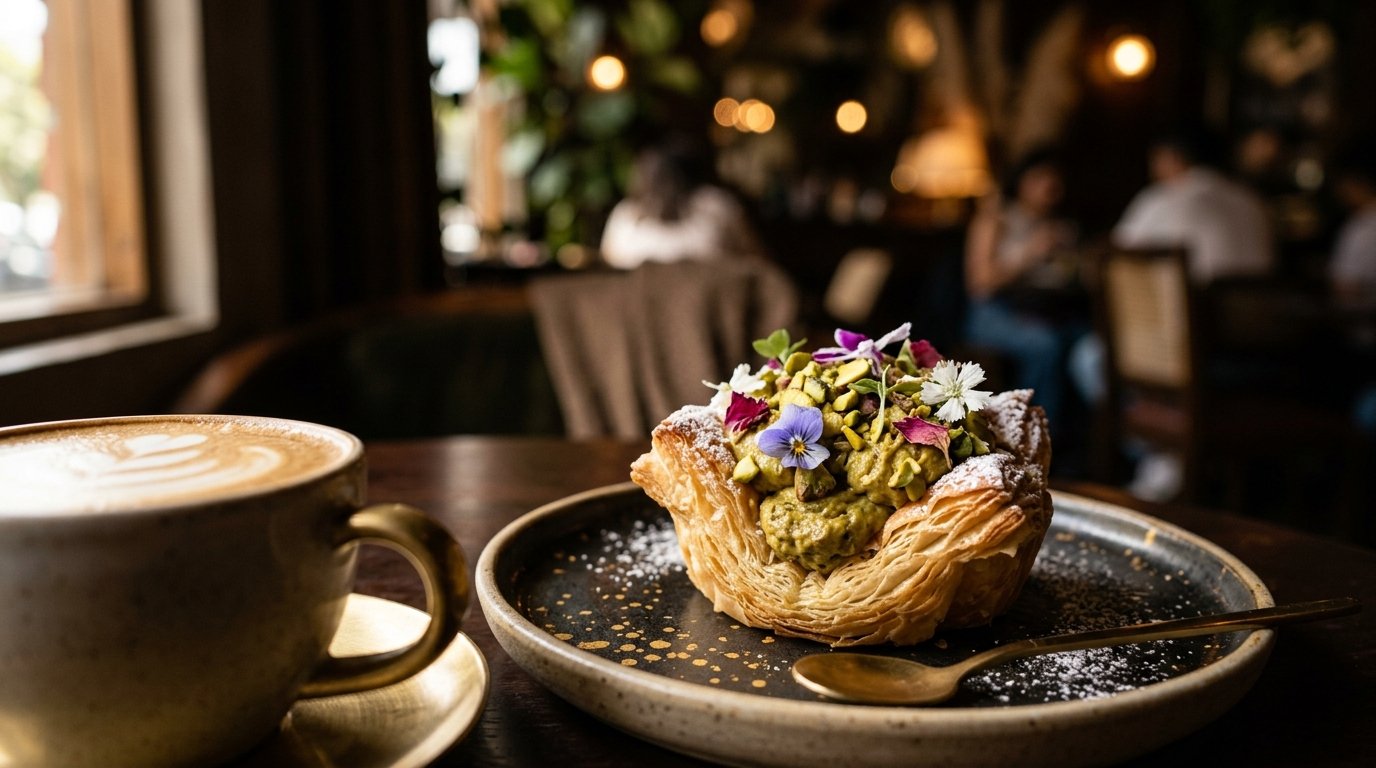Tartaleta artesanal hojaldrada con pistacho y taza de café de especialidad en Sabaneta