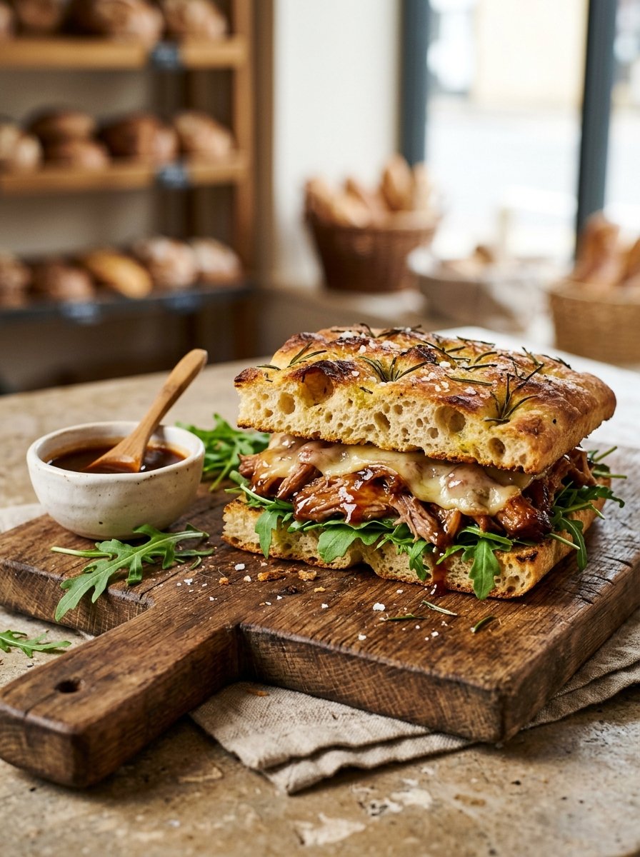 Focaccia con bondiola de cerdo desmechada y glaseado BBQ ahumado