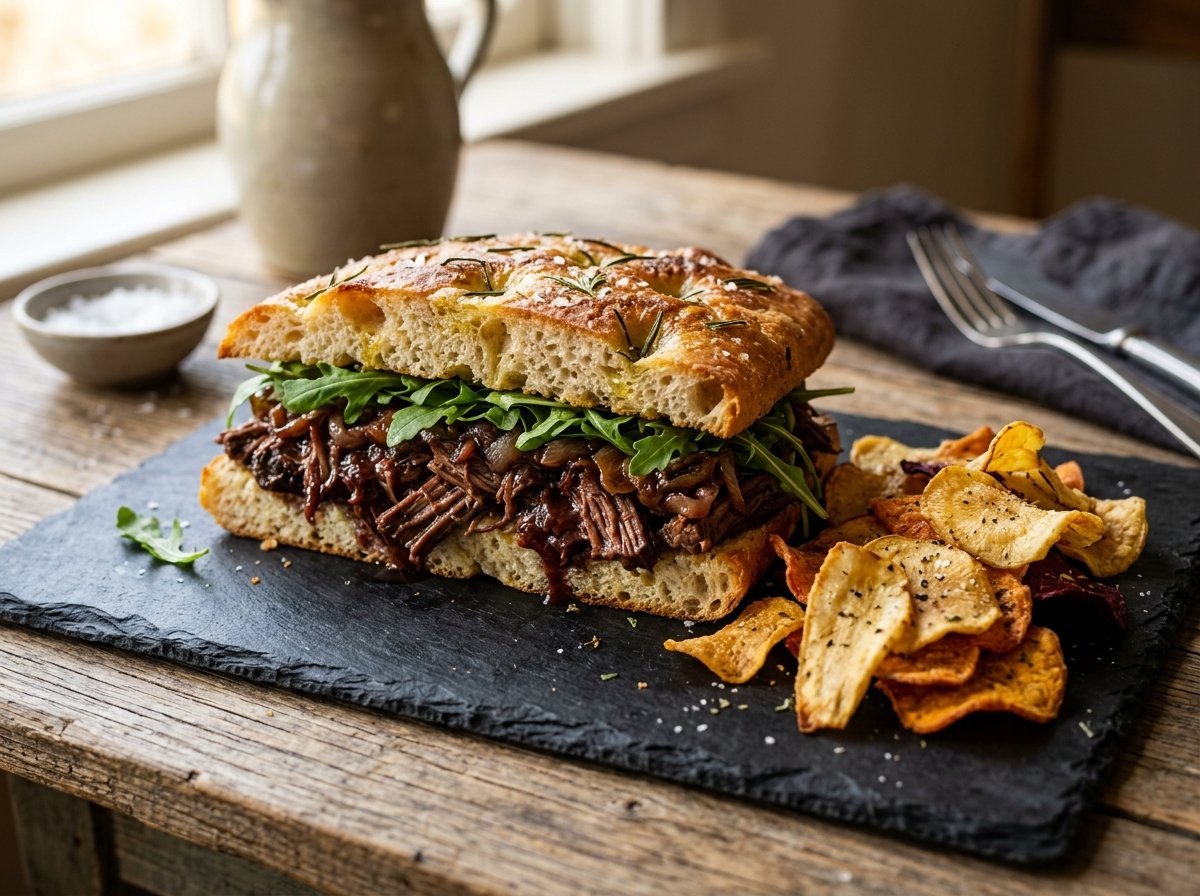Sandwich de focaccia con morrillo estofado en reducción de vino tinto